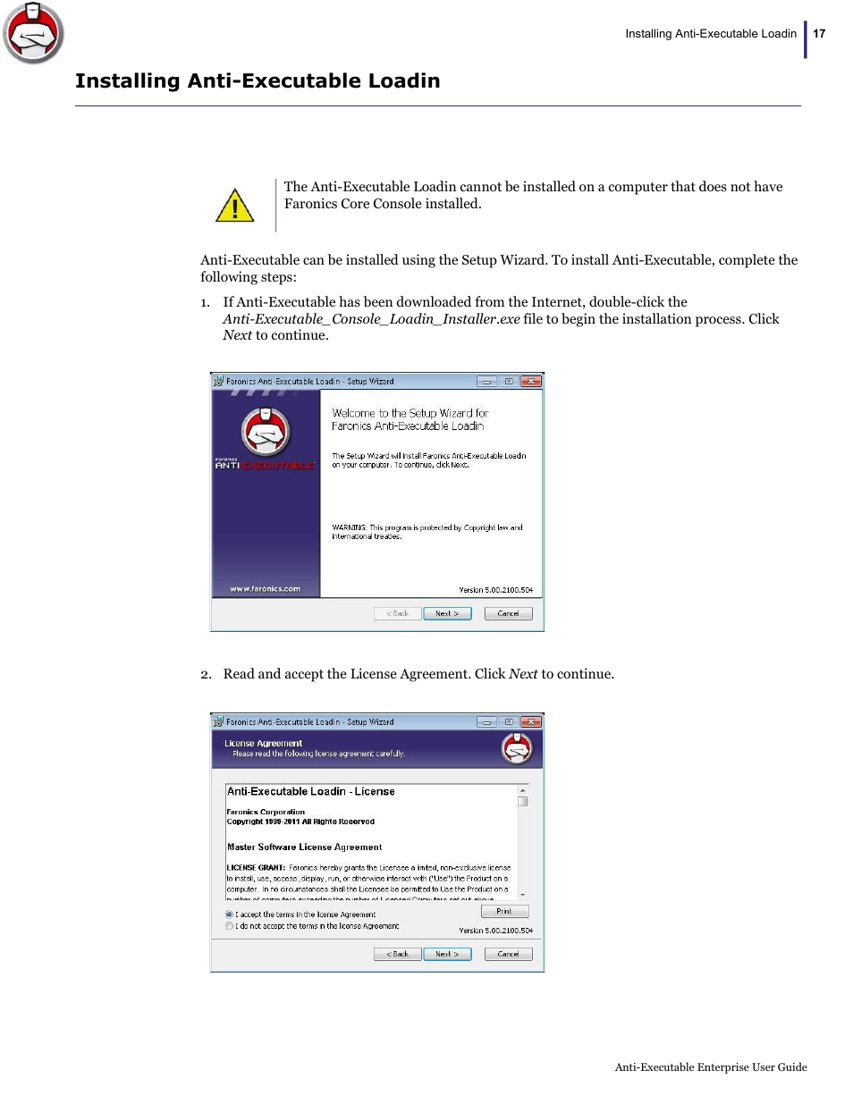 Installing anti-executable loadin | Faronics Anti-Executable Enterprise/Server User Manual | Page 17 / 70