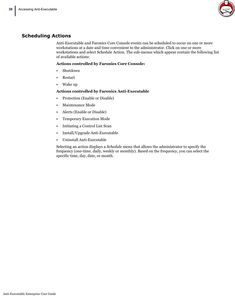 Scheduling actions | Faronics Anti-Executable Enterprise/Server User Manual | Page 30 / 70