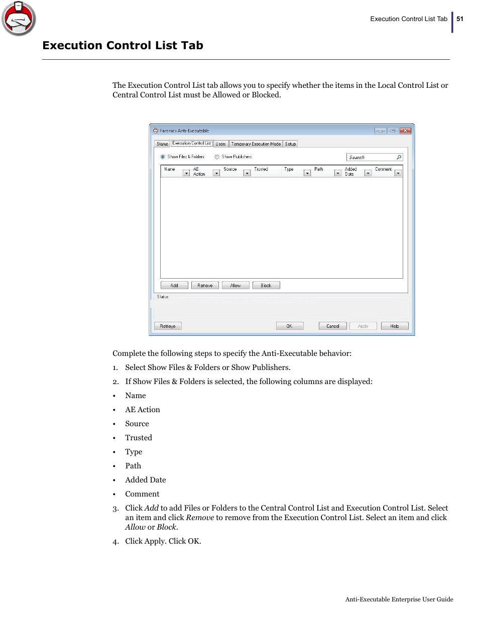Execution control list tab | Faronics Anti-Executable Enterprise/Server User Manual | Page 51 / 70