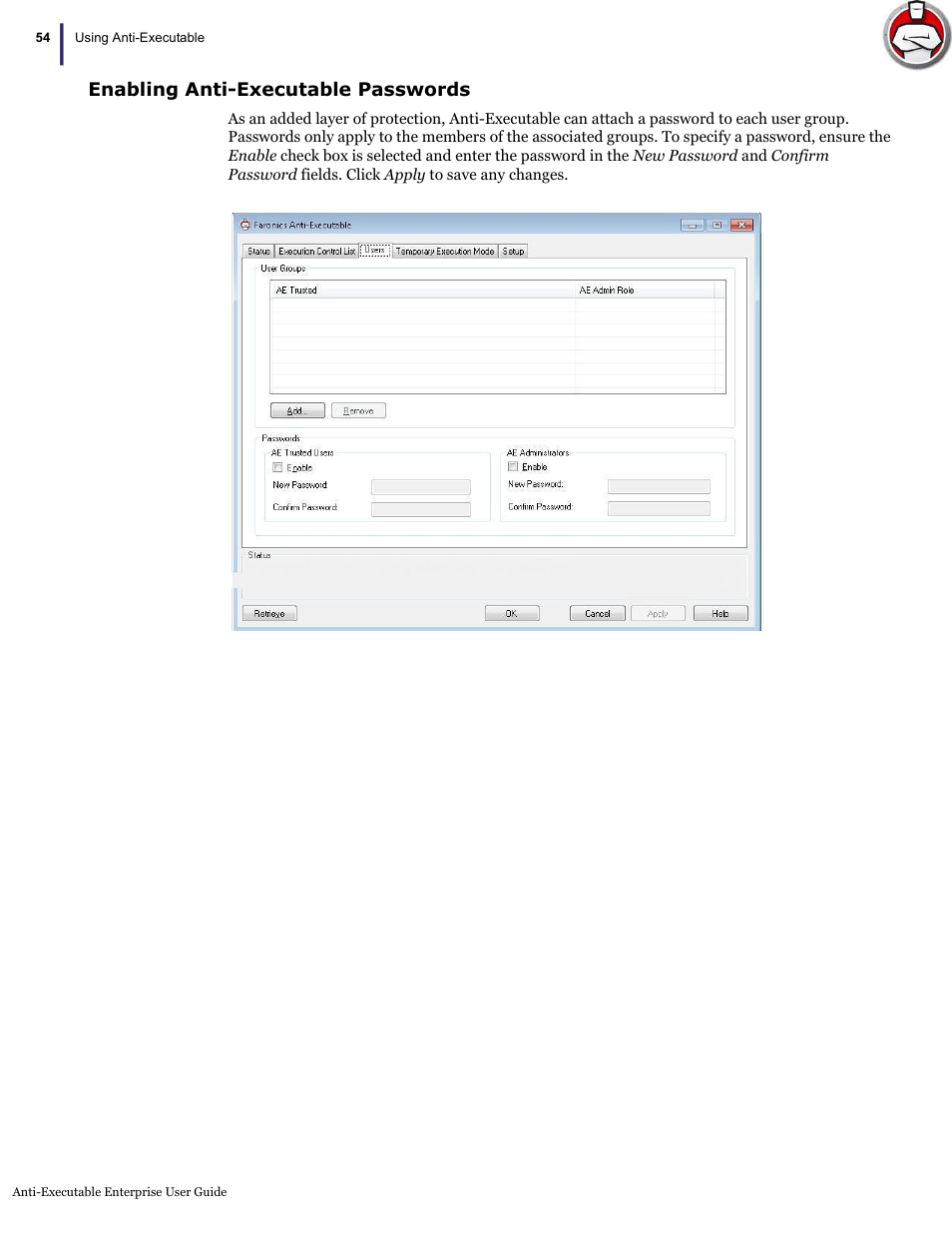 Enabling anti-executable passwords | Faronics Anti-Executable Enterprise/Server User Manual | Page 54 / 70