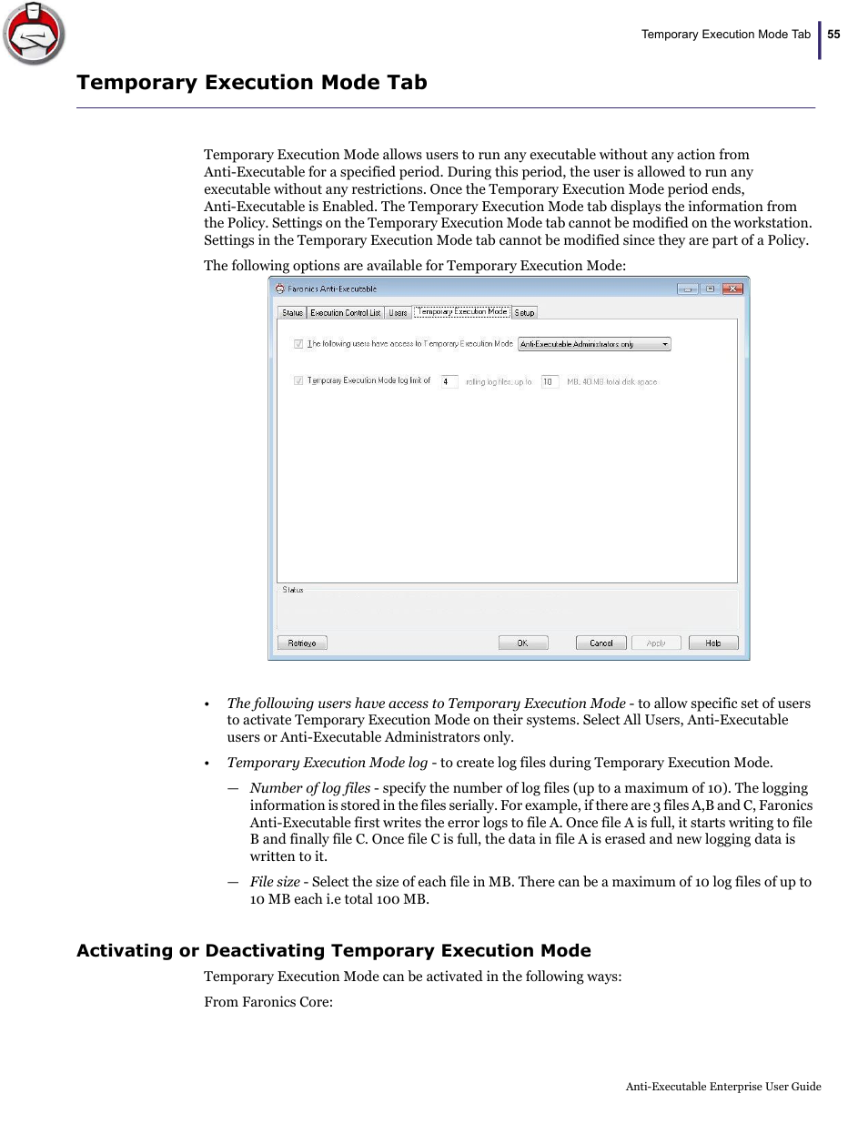Temporary execution mode tab | Faronics Anti-Executable Enterprise/Server User Manual | Page 55 / 70