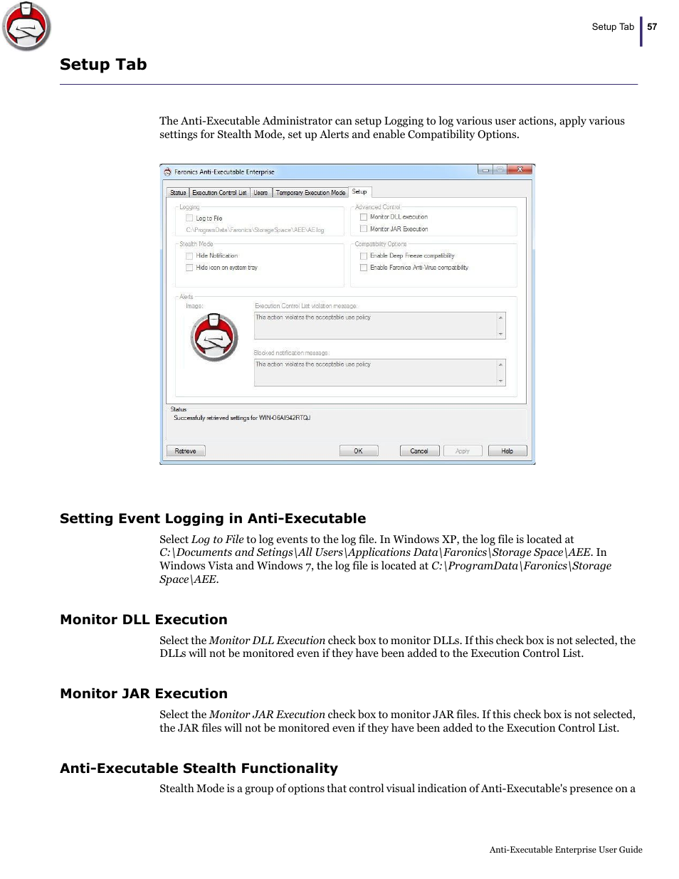 Setup tab | Faronics Anti-Executable Enterprise/Server User Manual | Page 57 / 70