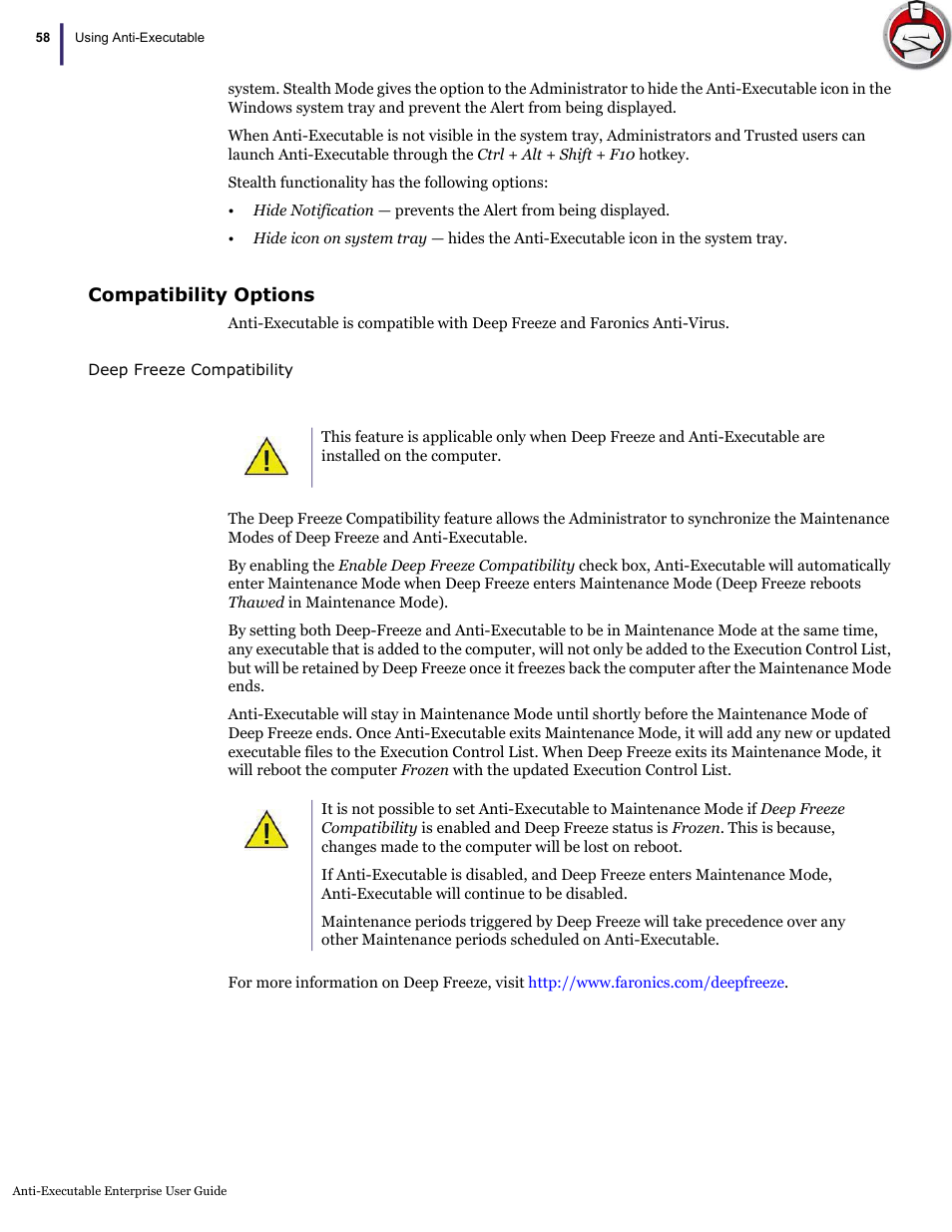 Compatibility options | Faronics Anti-Executable Enterprise/Server User Manual | Page 58 / 70
