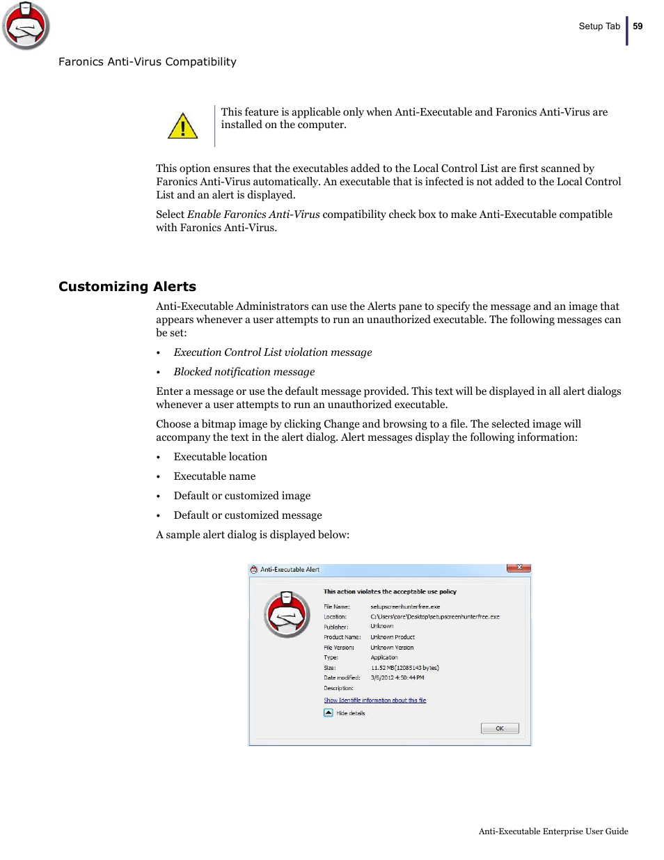 Customizing alerts | Faronics Anti-Executable Enterprise/Server User Manual | Page 59 / 70