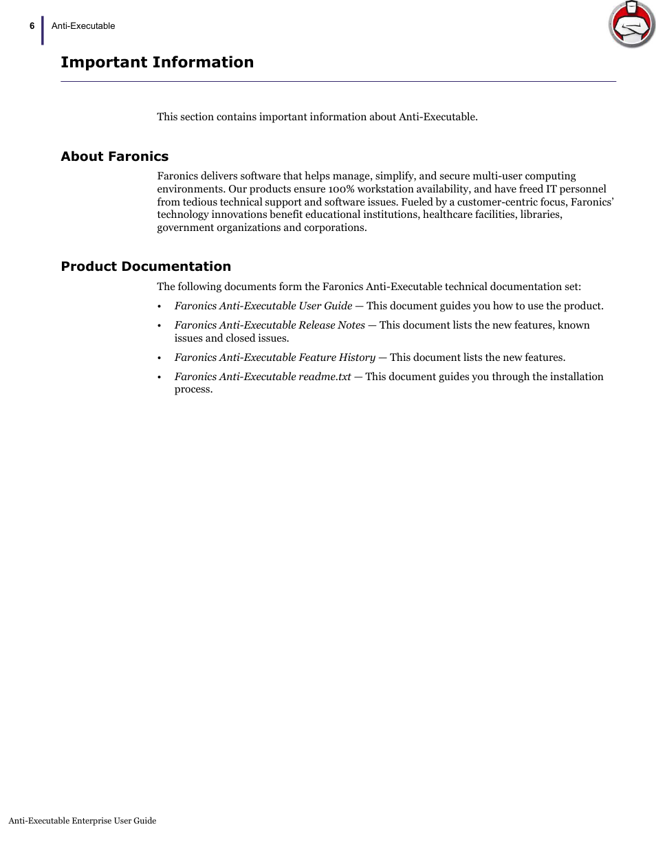 Important information, About faronics product documentation | Faronics Anti-Executable Enterprise/Server User Manual | Page 6 / 70