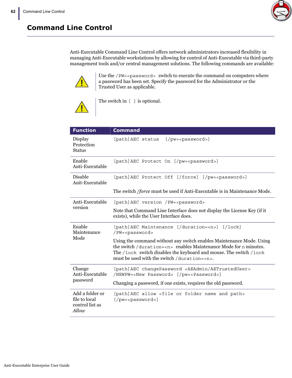 Command line control | Faronics Anti-Executable Enterprise/Server User Manual | Page 62 / 70
