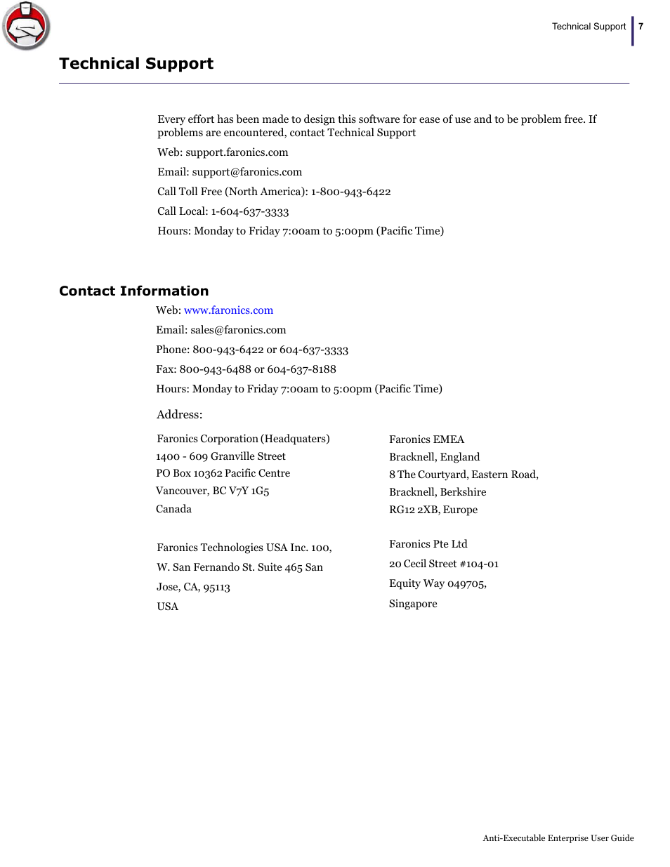 Technical support, Contact information | Faronics Anti-Executable Enterprise/Server User Manual | Page 7 / 70