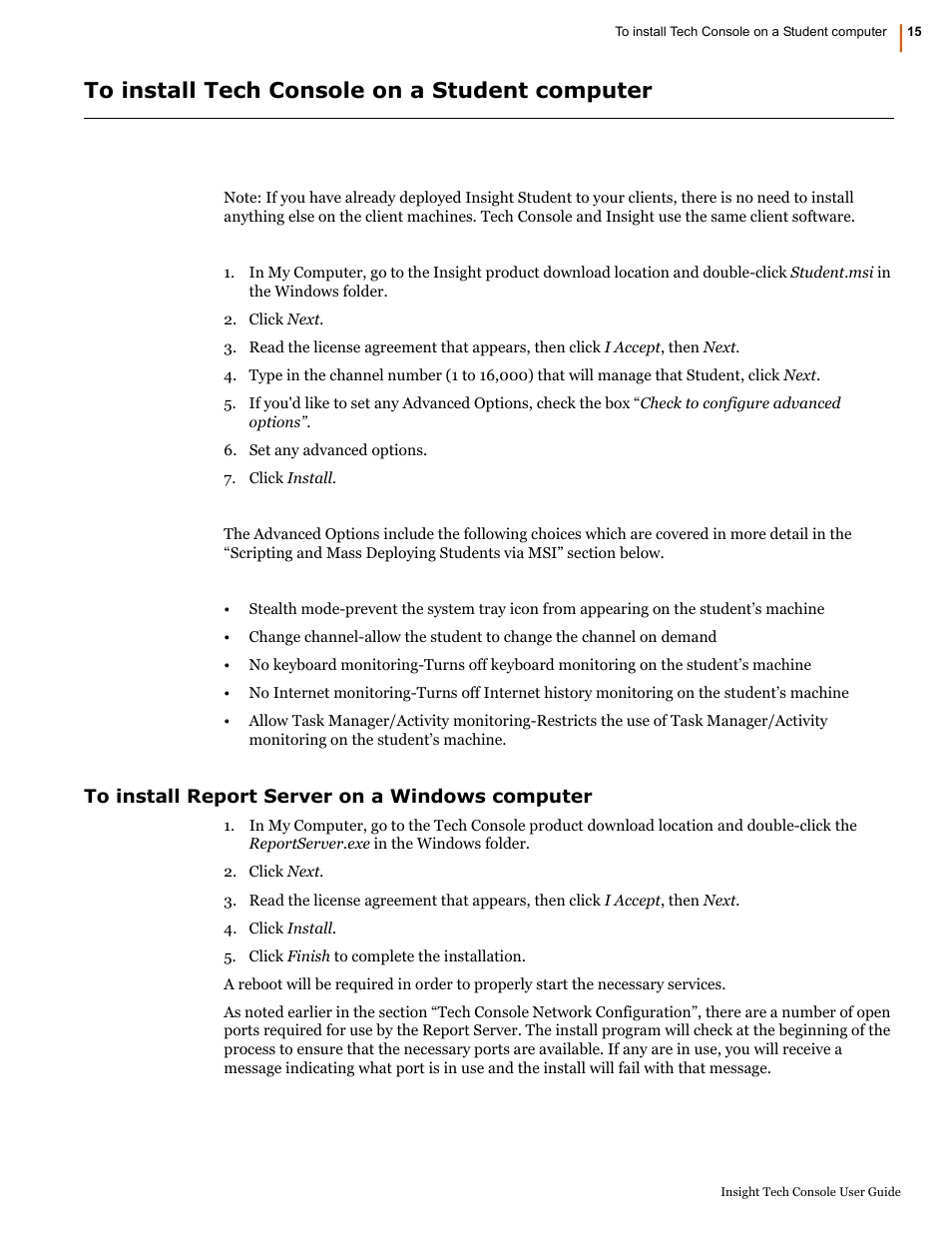 To install tech console on a student computer, To install report server on a windows computer | Faronics Insight Tech Console User Manual | Page 15 / 54