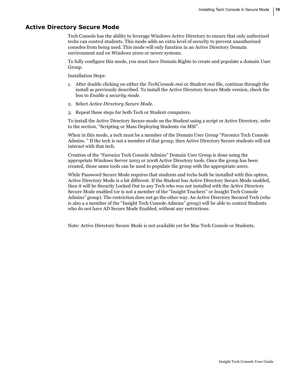 Active directory secure mode | Faronics Insight Tech Console User Manual | Page 19 / 54