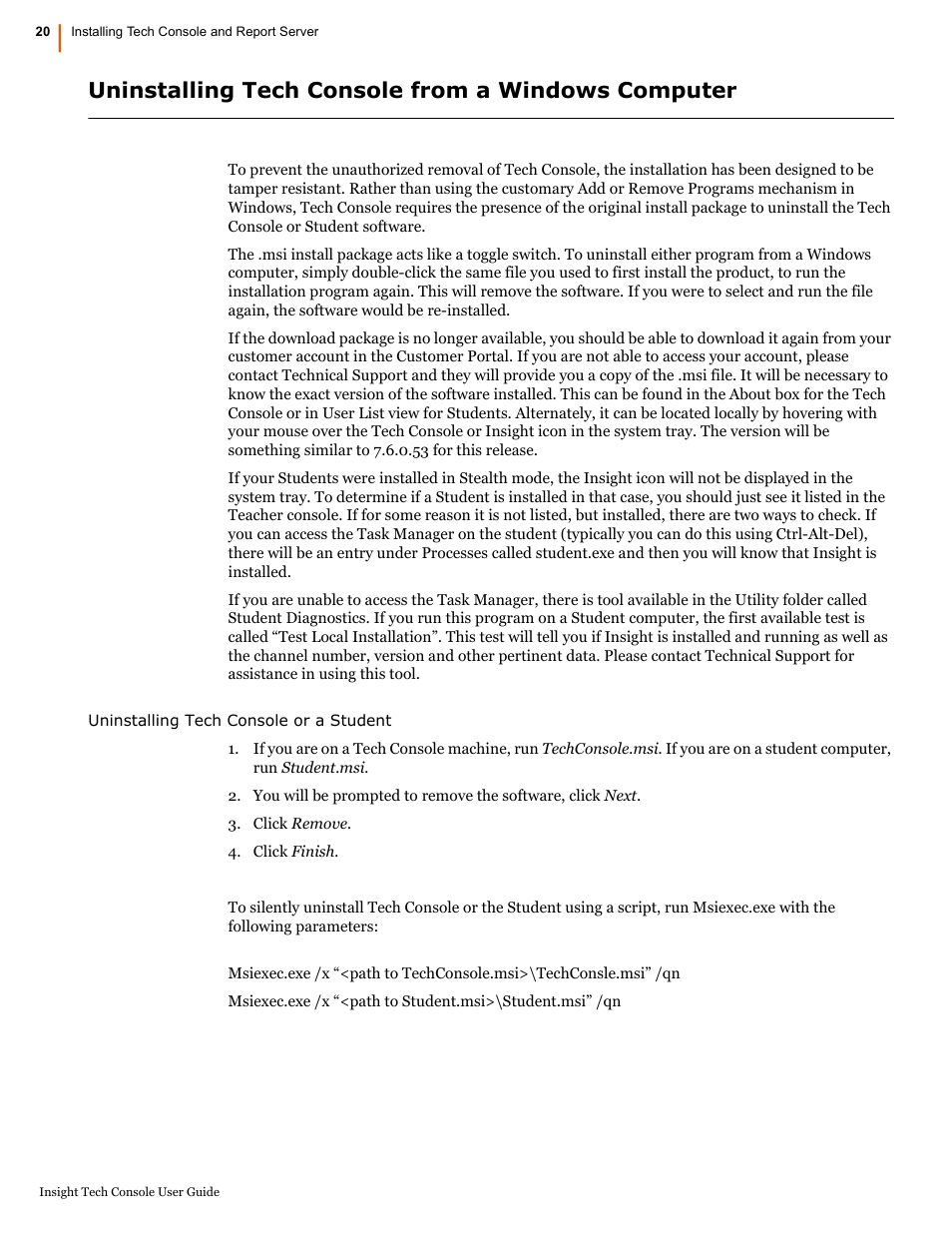 Uninstalling tech console from a windows computer | Faronics Insight Tech Console User Manual | Page 20 / 54