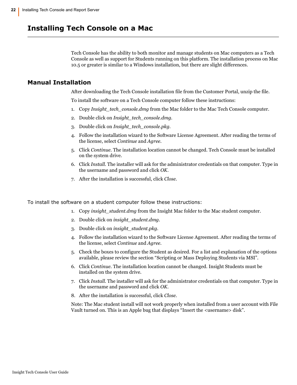 Installing tech console on a mac, Manual installation | Faronics Insight Tech Console User Manual | Page 22 / 54