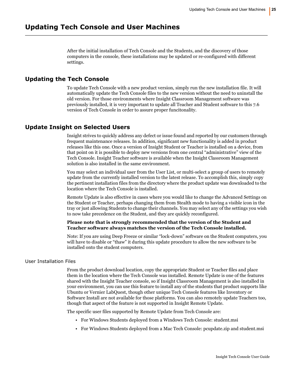 Updating tech console and user machines, Updating the tech console, Update insight on selected users | Faronics Insight Tech Console User Manual | Page 25 / 54
