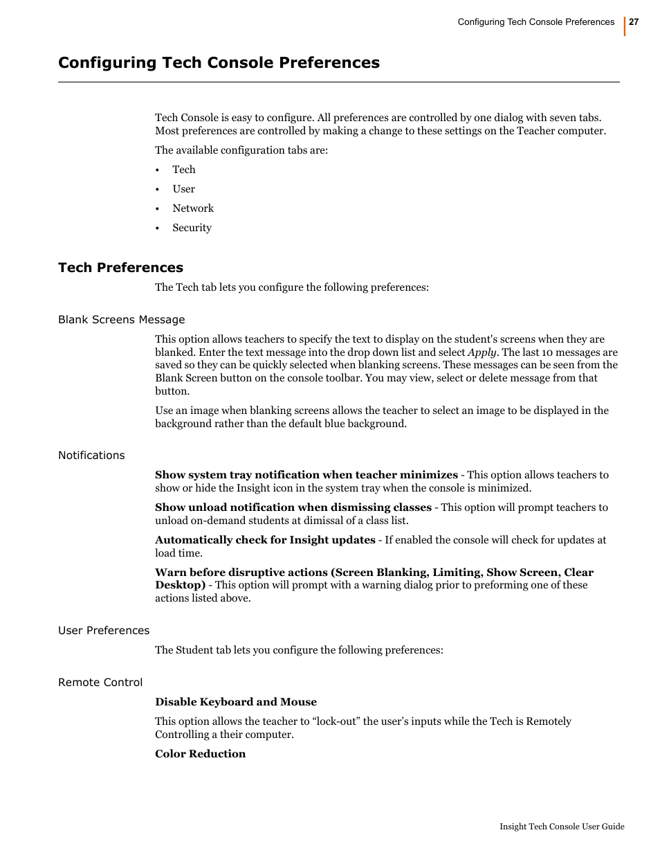 Configuring tech console preferences, Tech preferences | Faronics Insight Tech Console User Manual | Page 27 / 54