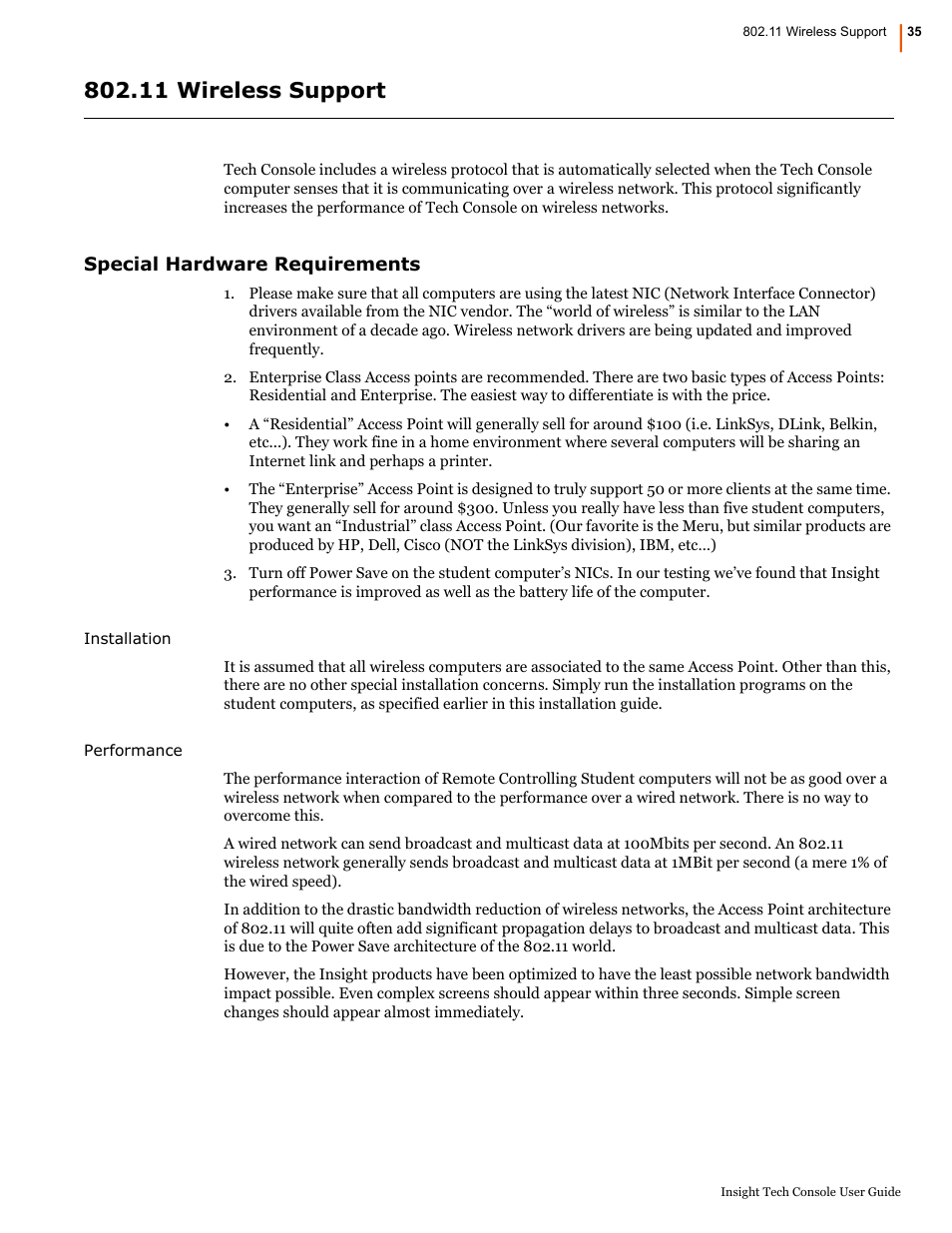 11 wireless support, Special hardware requirements | Faronics Insight Tech Console User Manual | Page 35 / 54
