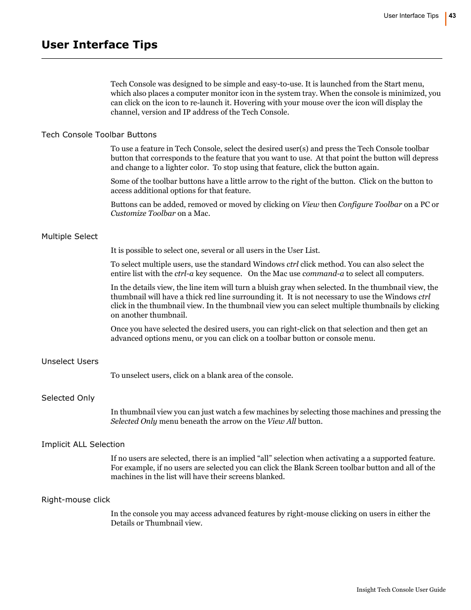 User interface tips | Faronics Insight Tech Console User Manual | Page 43 / 54