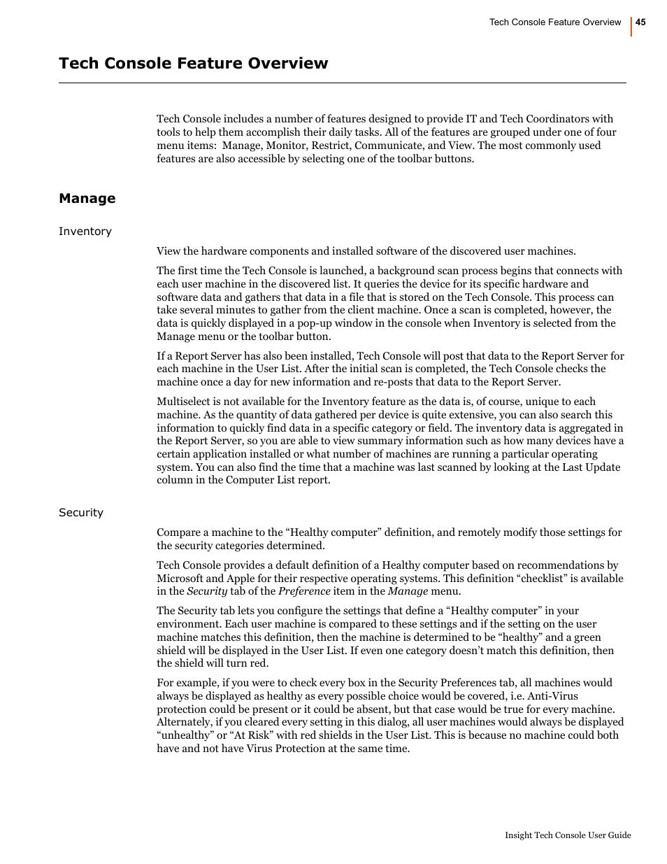 Tech console feature overview, Manage | Faronics Insight Tech Console User Manual | Page 45 / 54