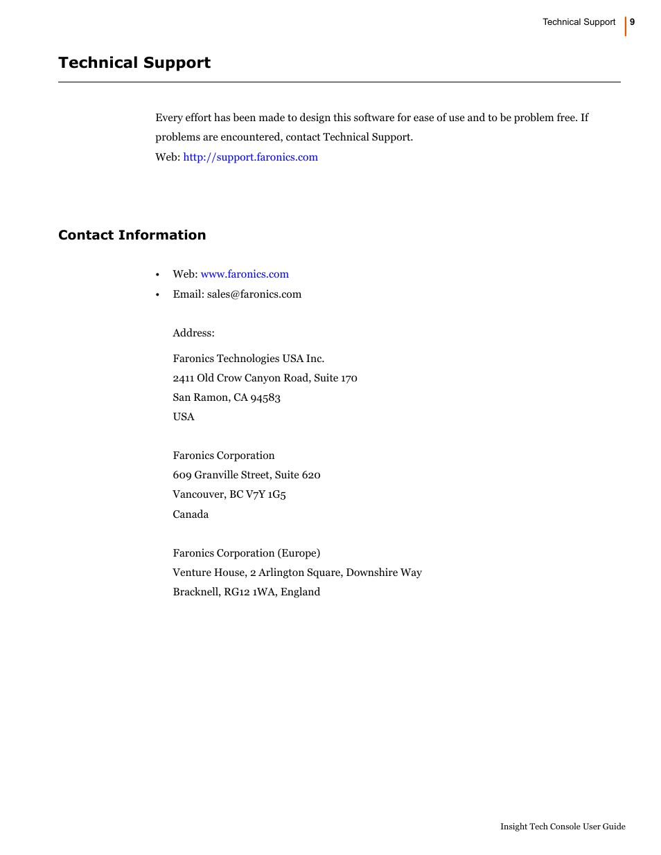 Technical support, Contact information | Faronics Insight Tech Console User Manual | Page 9 / 54