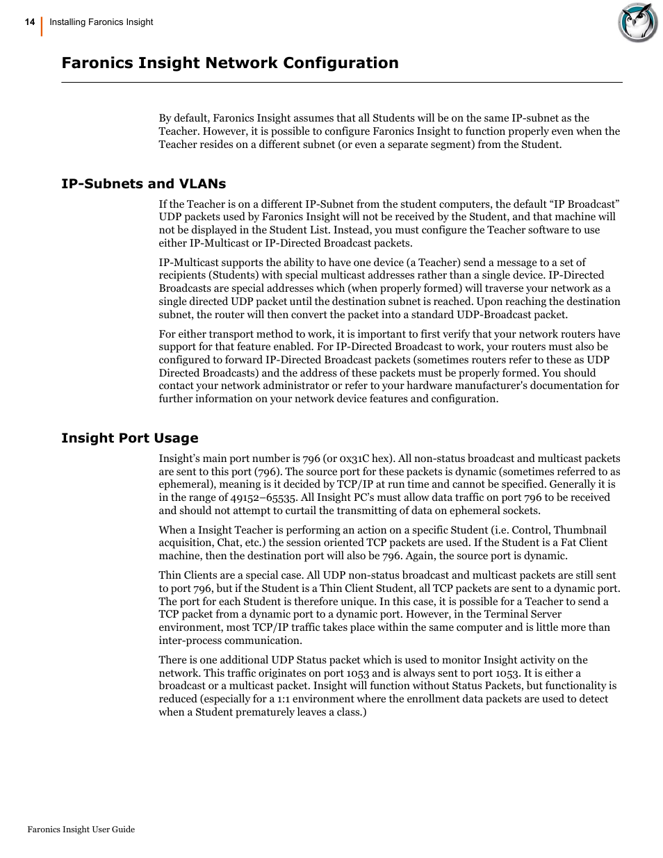 Faronics insight network configuration, Ip-subnets and vlans, Insight port usage | Ip-subnets and vlans insight port usage | Faronics Insight User Manual | Page 14 / 92