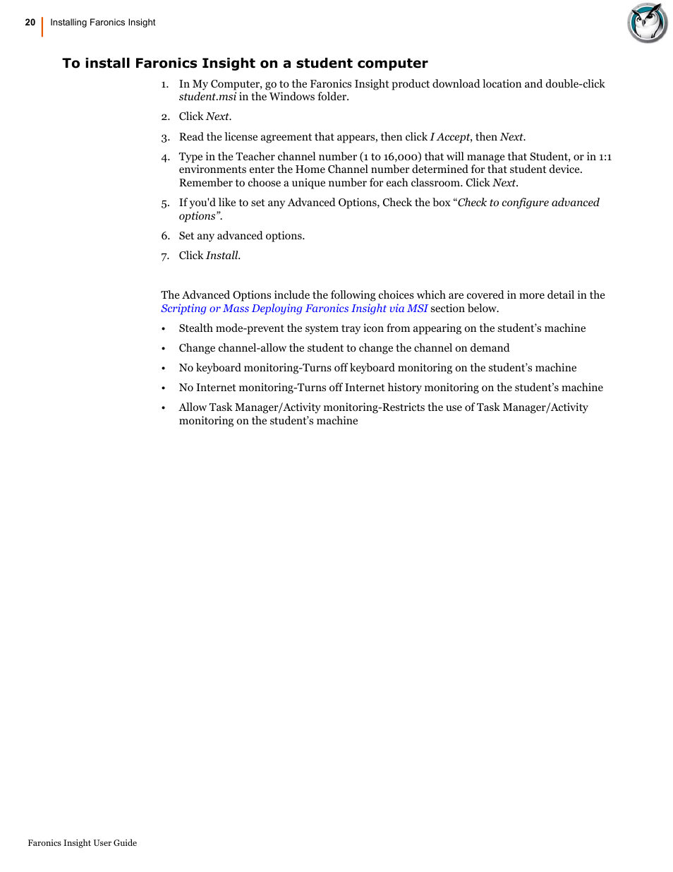 To install faronics insight on a student computer | Faronics Insight User Manual | Page 20 / 92