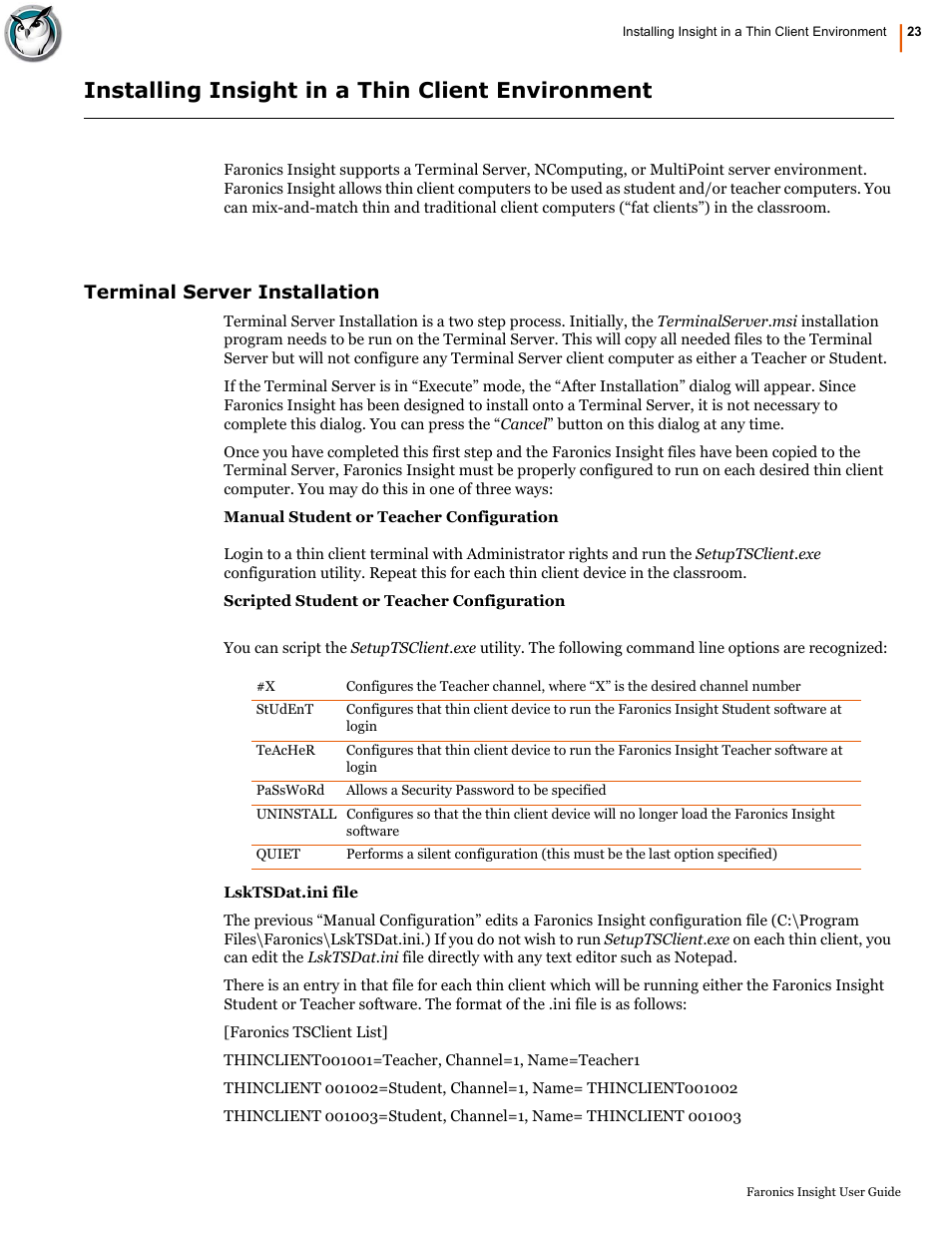 Installing insight in a thin client environment, Terminal server installation | Faronics Insight User Manual | Page 23 / 92