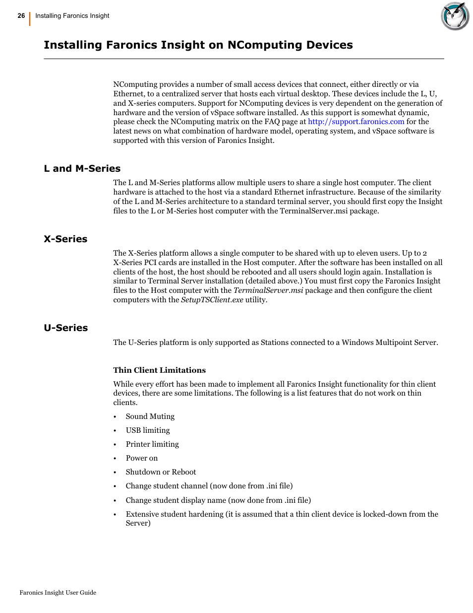 Installing faronics insight on ncomputing devices, L and m-series, X-series | U-series, L and m-series x-series u-series | Faronics Insight User Manual | Page 26 / 92