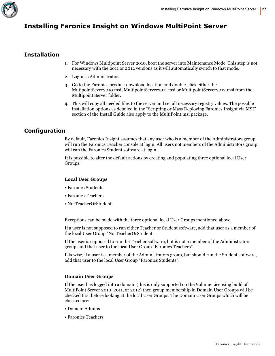 Installation, Configuration, Installation configuration | Installing faronics insight on windows, Multipoint server | Faronics Insight User Manual | Page 27 / 92