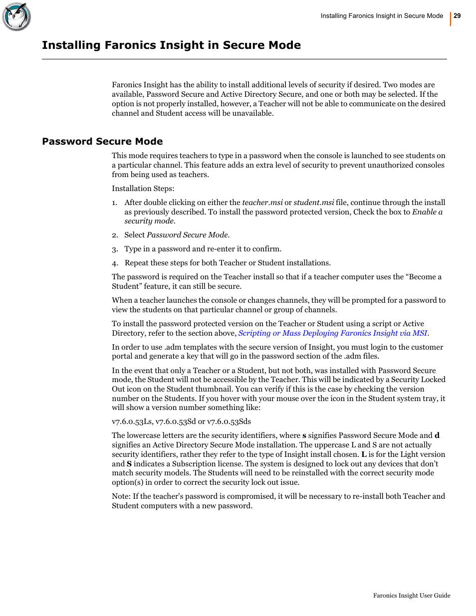 Installing faronics insight in secure mode, Password secure mode, Late | Faronics Insight User Manual | Page 29 / 92