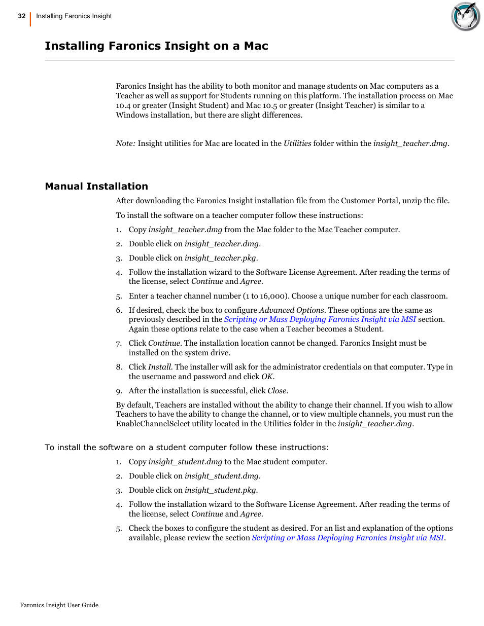 Installing faronics insight on a mac, Manual installation | Faronics Insight User Manual | Page 32 / 92