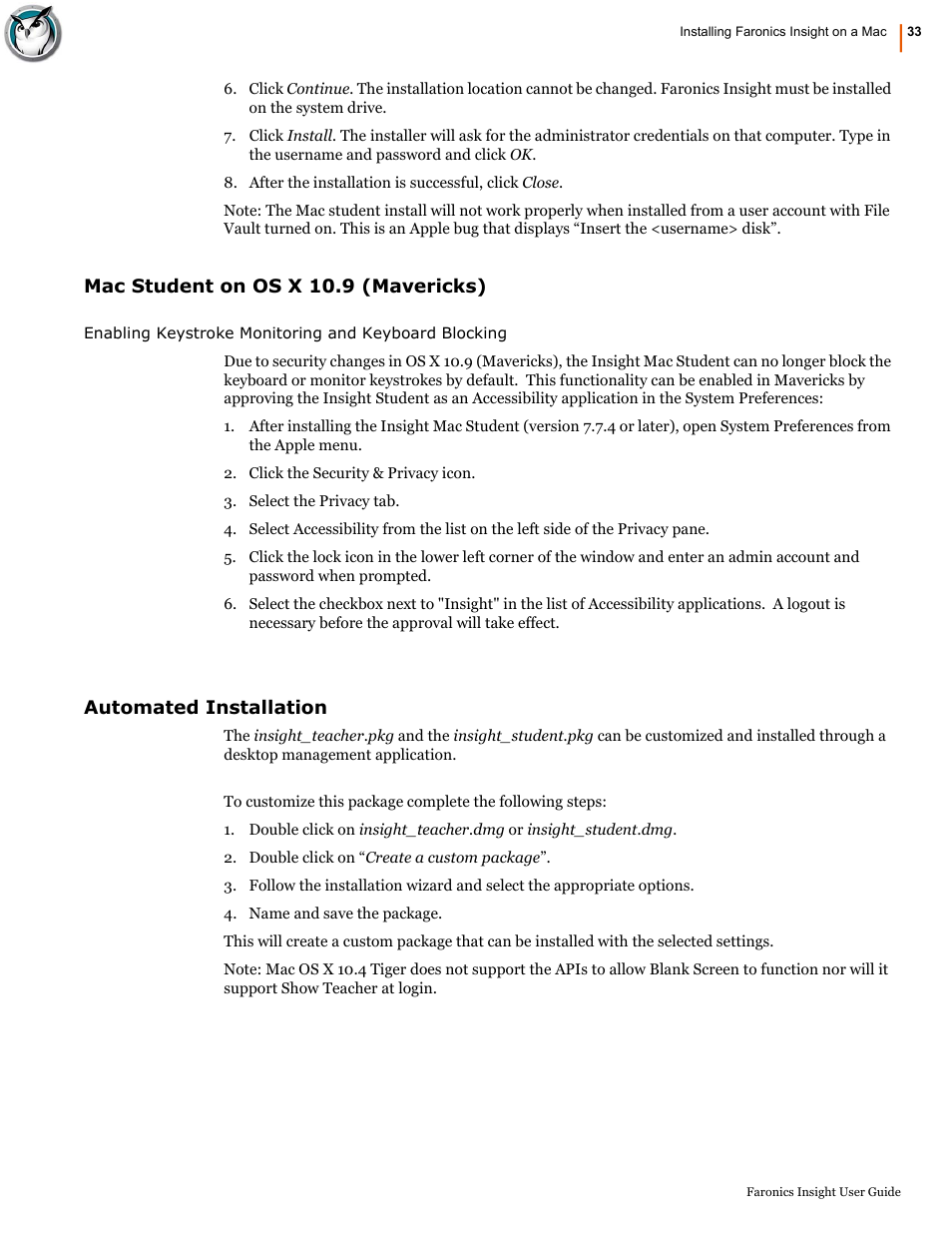 Mac student on os x 10.9 (mavericks), Automated installation | Faronics Insight User Manual | Page 33 / 92