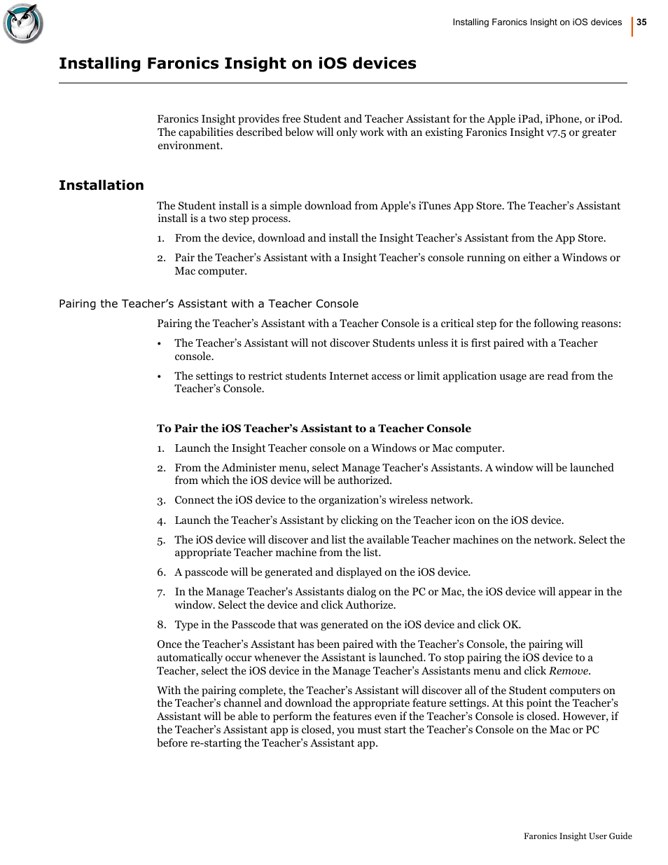 Installing faronics insight on ios devices, Installation | Faronics Insight User Manual | Page 35 / 92