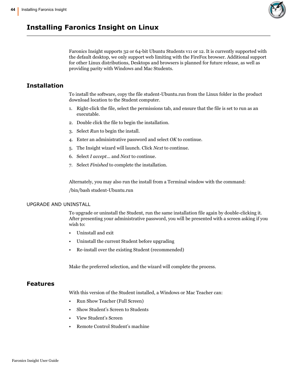 Installing faronics insight on linux, Installation, Features | Installation features, Section, Installing, Faronics insight on linux | Faronics Insight User Manual | Page 44 / 92