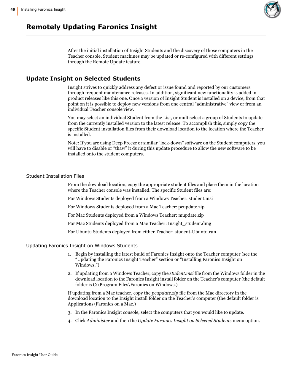 Remotely updating faronics insight, Update insight on selected students | Faronics Insight User Manual | Page 46 / 92