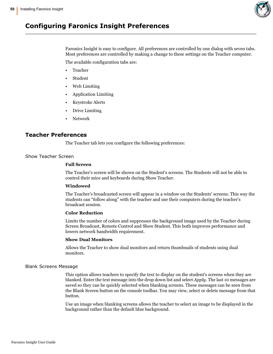 Configuring faronics insight preferences, Teacher preferences | Faronics Insight User Manual | Page 50 / 92