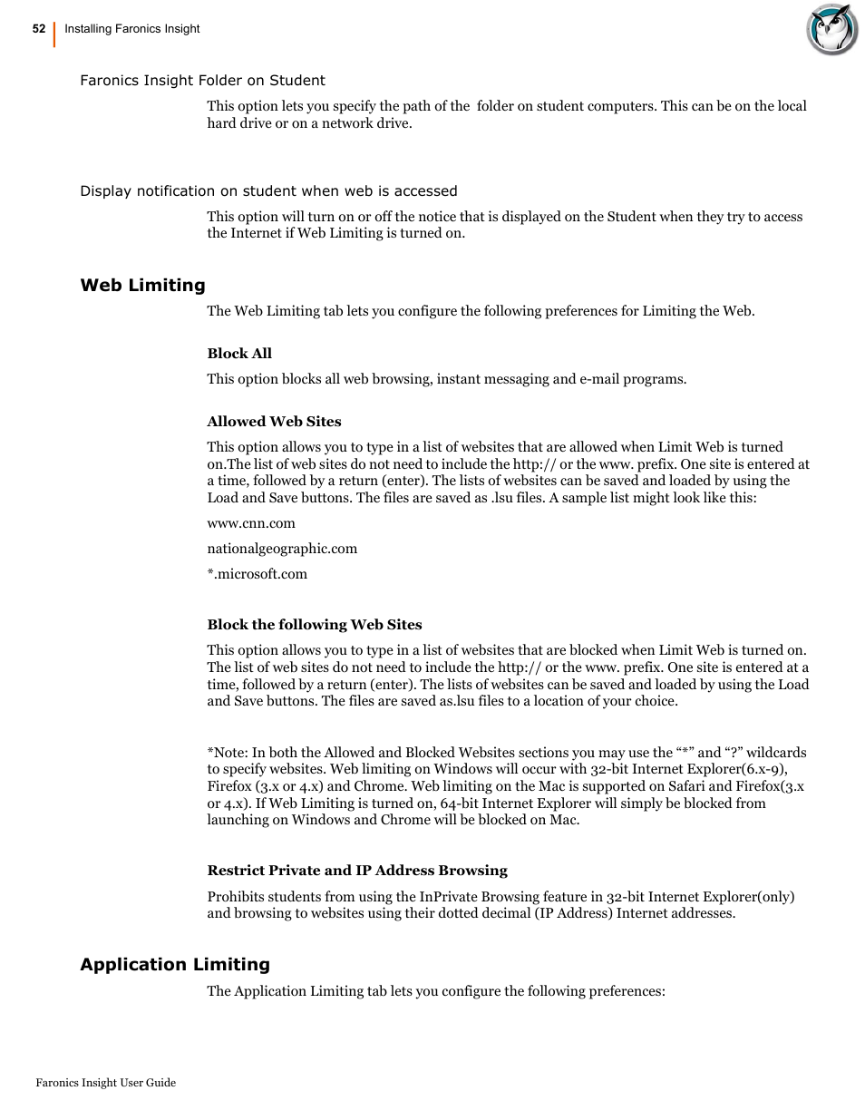 Web limiting, Application limiting, Web limiting application limiting | Faronics Insight User Manual | Page 52 / 92