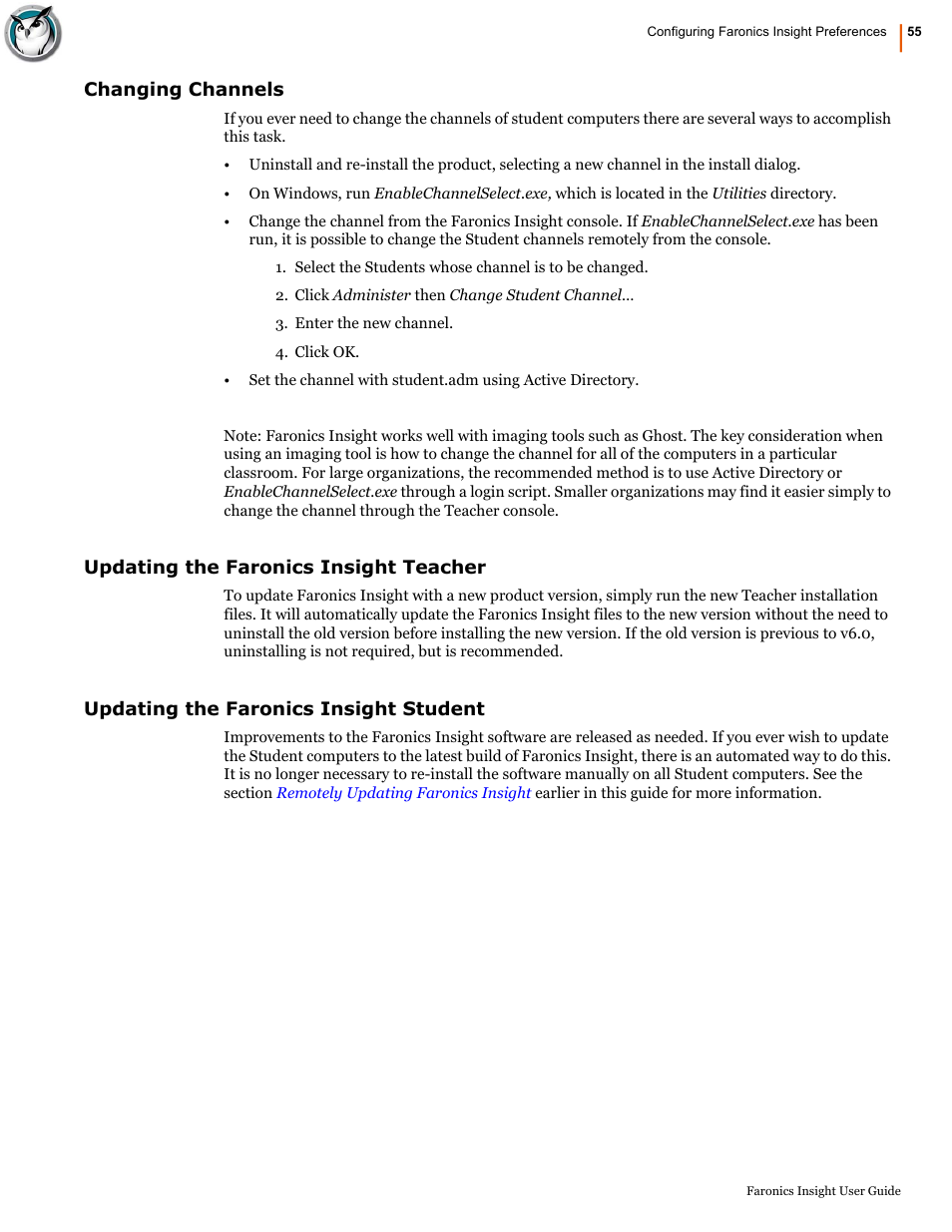 Changing channels, Updating the faronics insight teacher, Updating the faronics insight student | Faronics Insight User Manual | Page 55 / 92