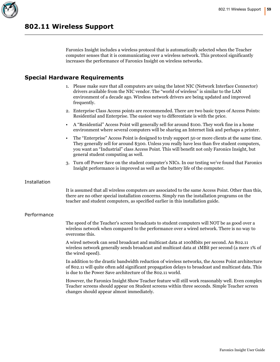 11 wireless support, Special hardware requirements | Faronics Insight User Manual | Page 59 / 92