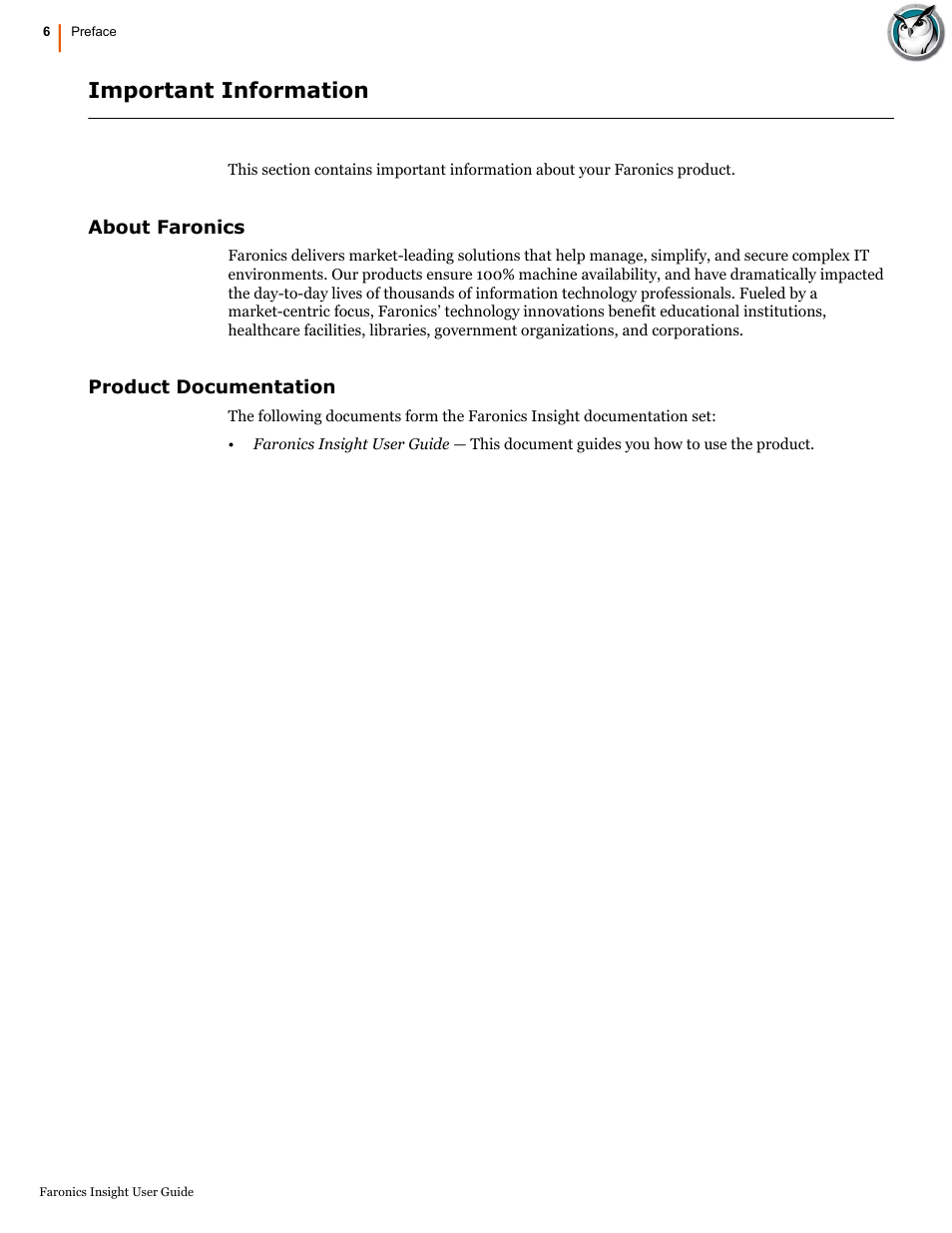 Important information, About faronics, Product documentation | About faronics product documentation | Faronics Insight User Manual | Page 6 / 92