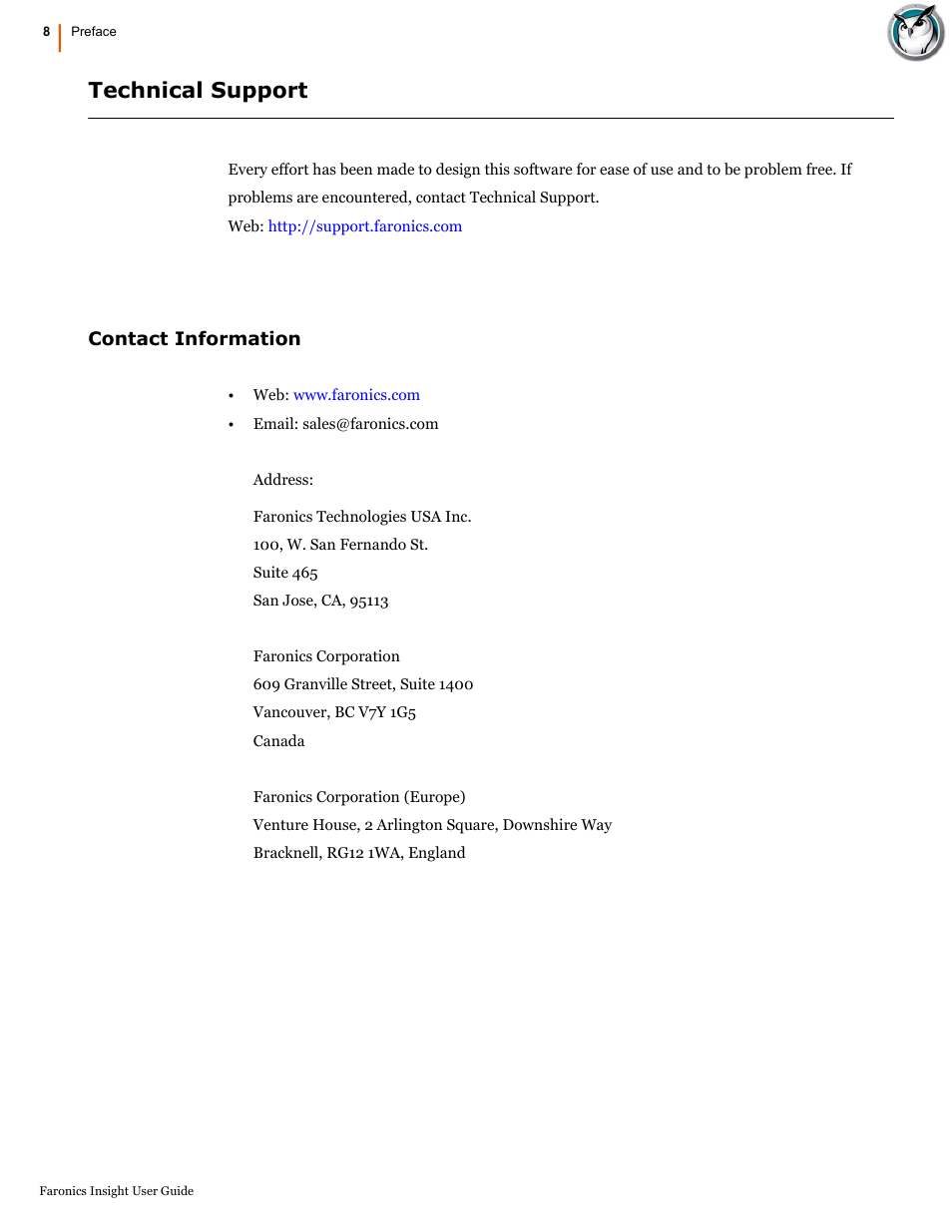 Technical support, Contact information | Faronics Insight User Manual | Page 8 / 92