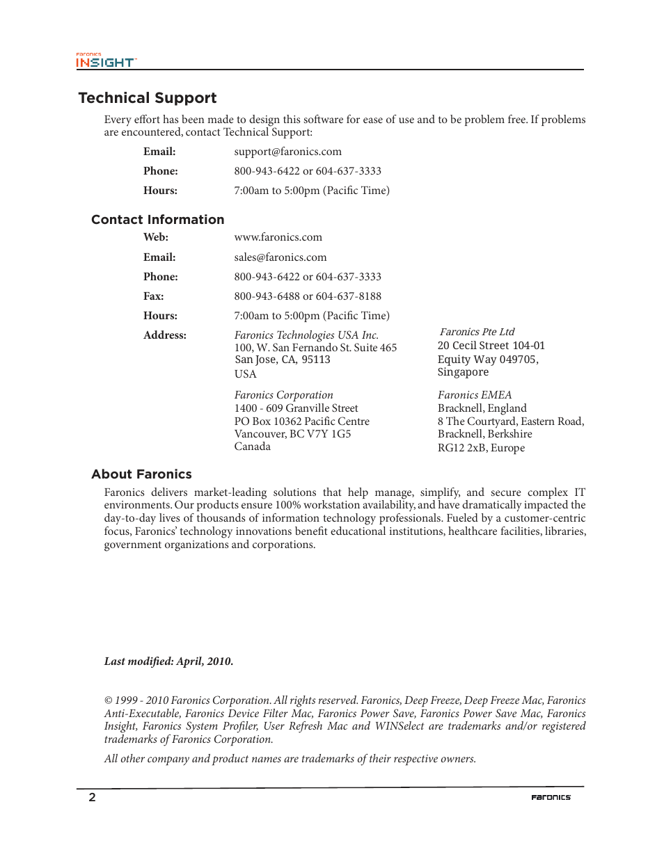 Technical support | Faronics Insight Teacher User Manual | Page 2 / 9