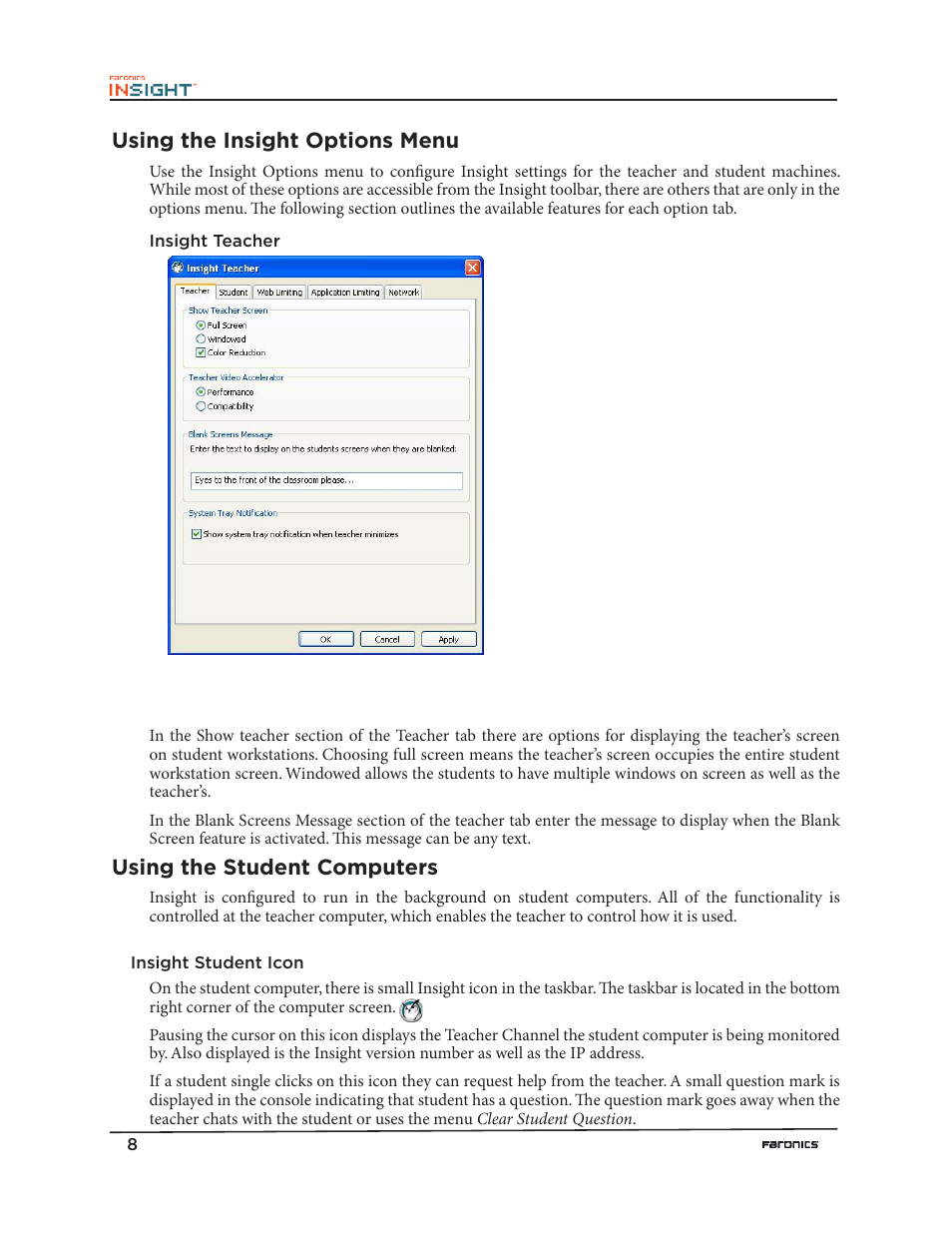 Using the insight options menu, Using the student computers | Faronics Insight Teacher User Manual | Page 8 / 9