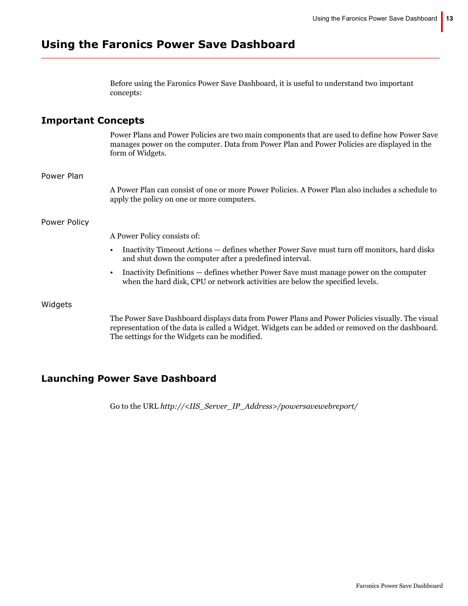 Using the faronics power save dashboard, Important concepts launching power save dashboard | Faronics Power Save Dashboard User Manual | Page 13 / 15