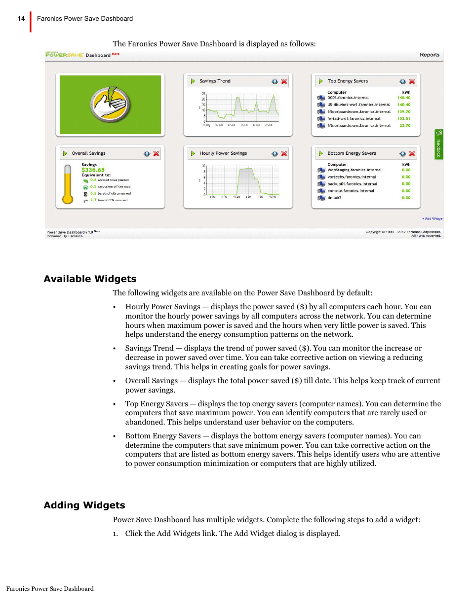 Available widgets adding widgets | Faronics Power Save Dashboard User Manual | Page 14 / 15