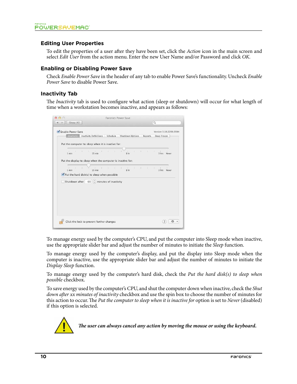 Editing user properties, Enabling or disabling power save, Inactivity tab | Faronics Power Save Mac User Manual | Page 10 / 34