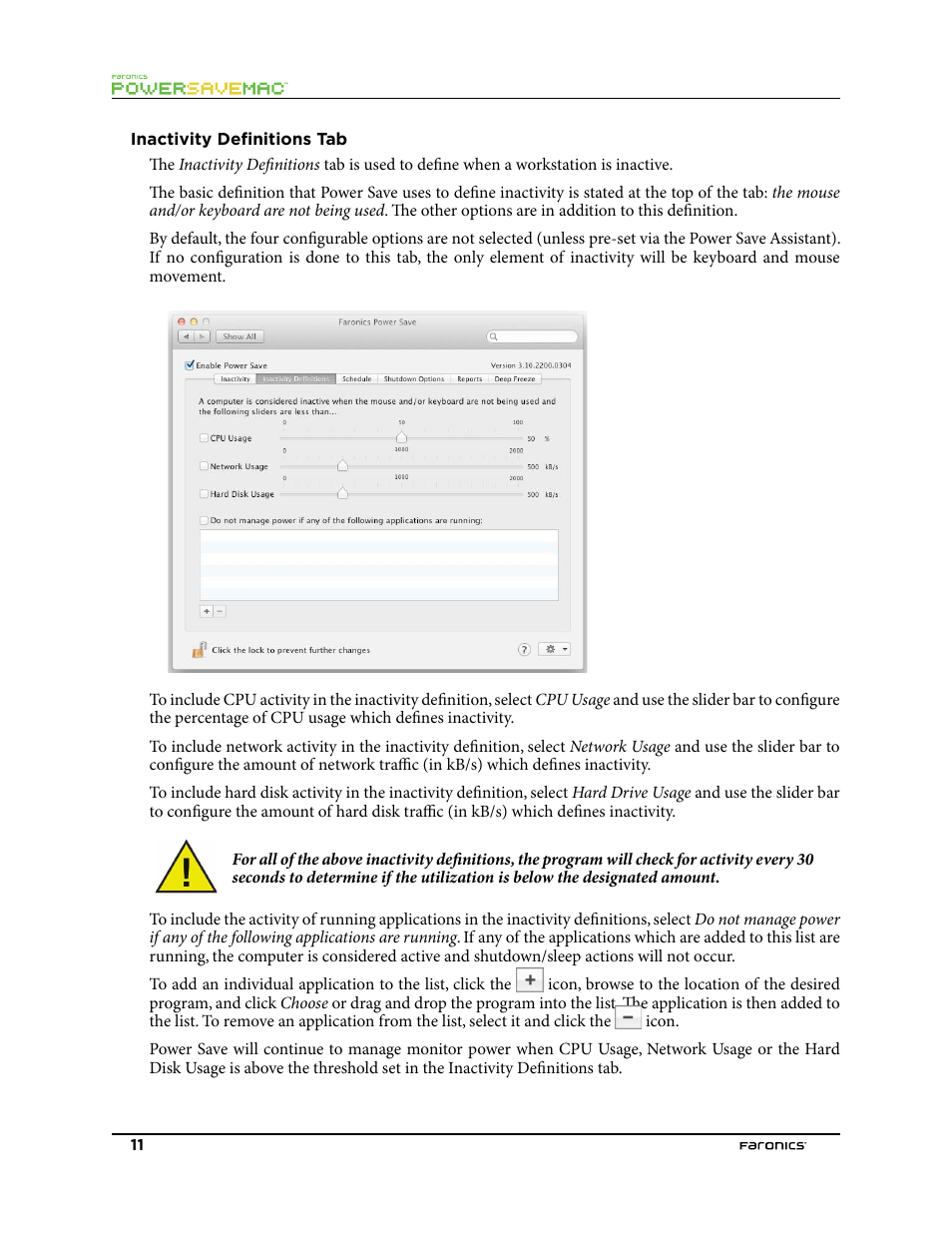 Inactivity defnitions tab | Faronics Power Save Mac User Manual | Page 11 / 34