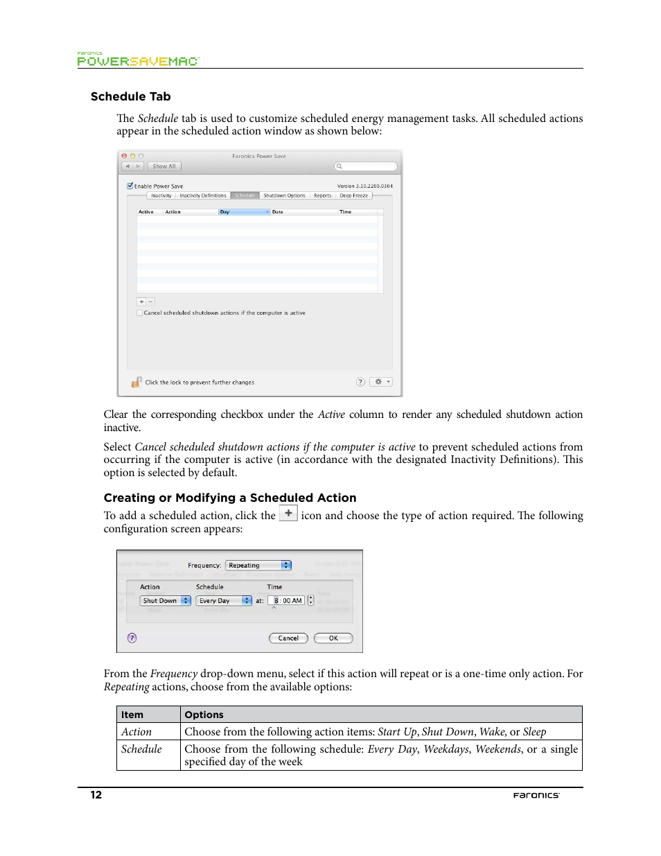 Schedule tab, Creating or modifying a scheduled action | Faronics Power Save Mac User Manual | Page 12 / 34