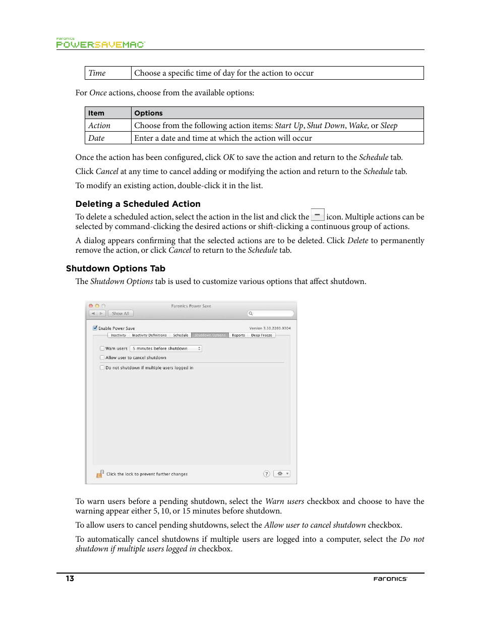 Deleting a scheduled action, Shutdown options tab | Faronics Power Save Mac User Manual | Page 13 / 34