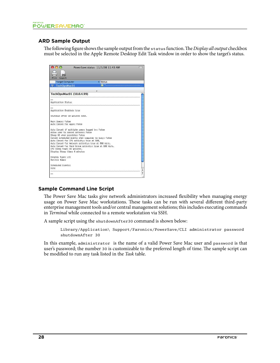 Ard sample output, Sample command line script | Faronics Power Save Mac User Manual | Page 28 / 34