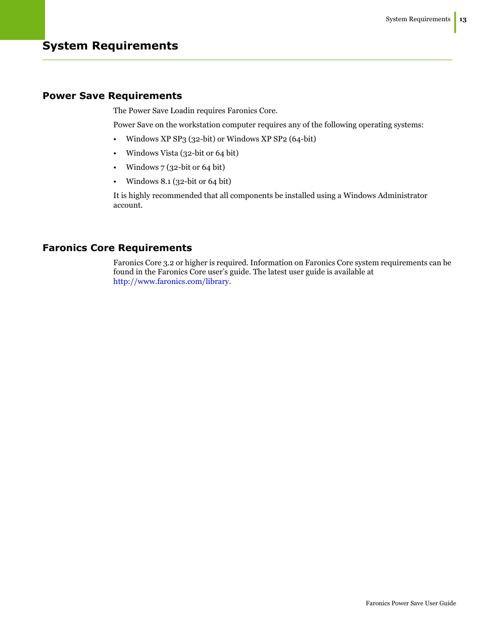 System requirements, Power save requirements, Faronics core requirements | Power save requirements faronics core requirements | Faronics Power Save User Manual | Page 13 / 82