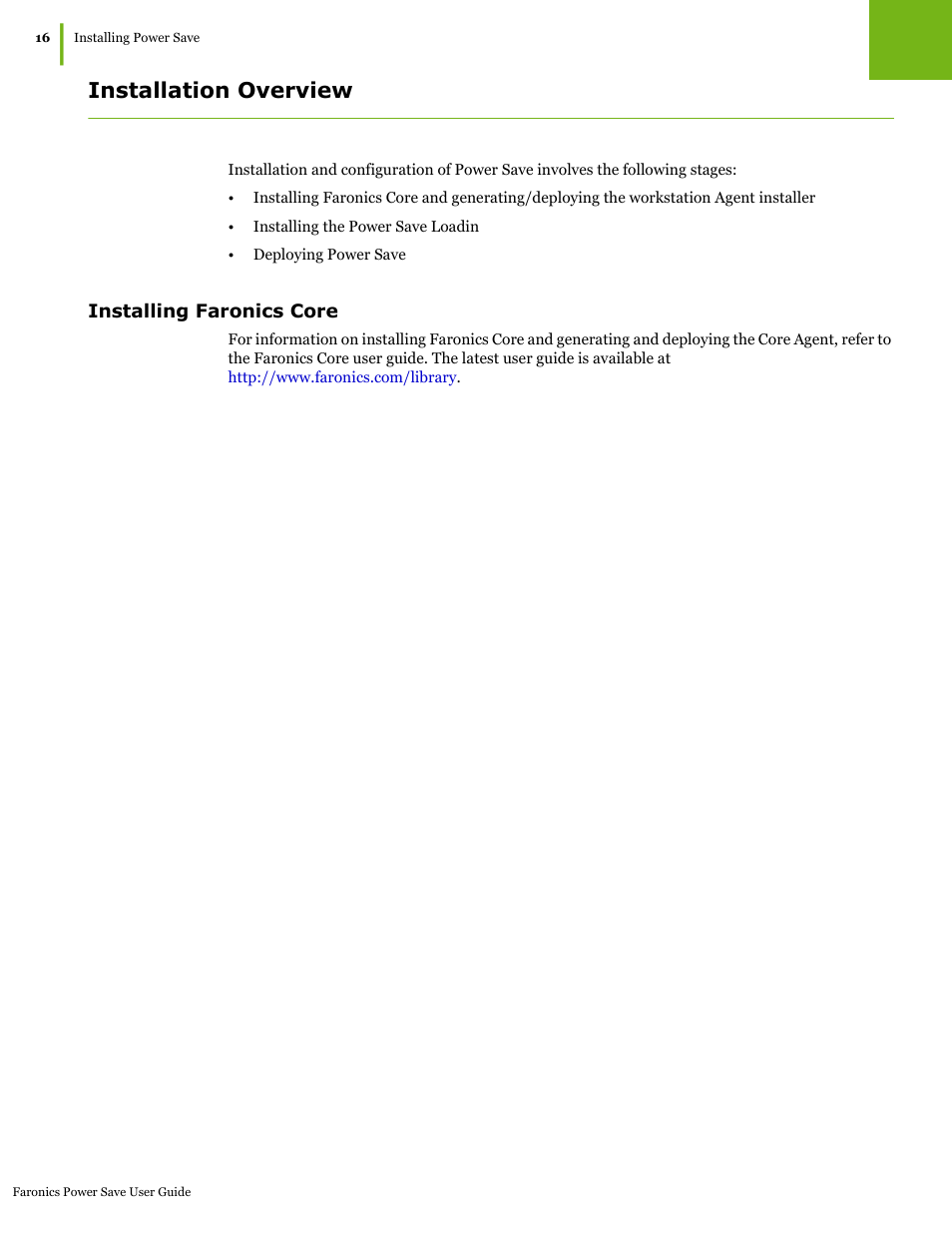 Installation overview, Installing faronics core | Faronics Power Save User Manual | Page 16 / 82