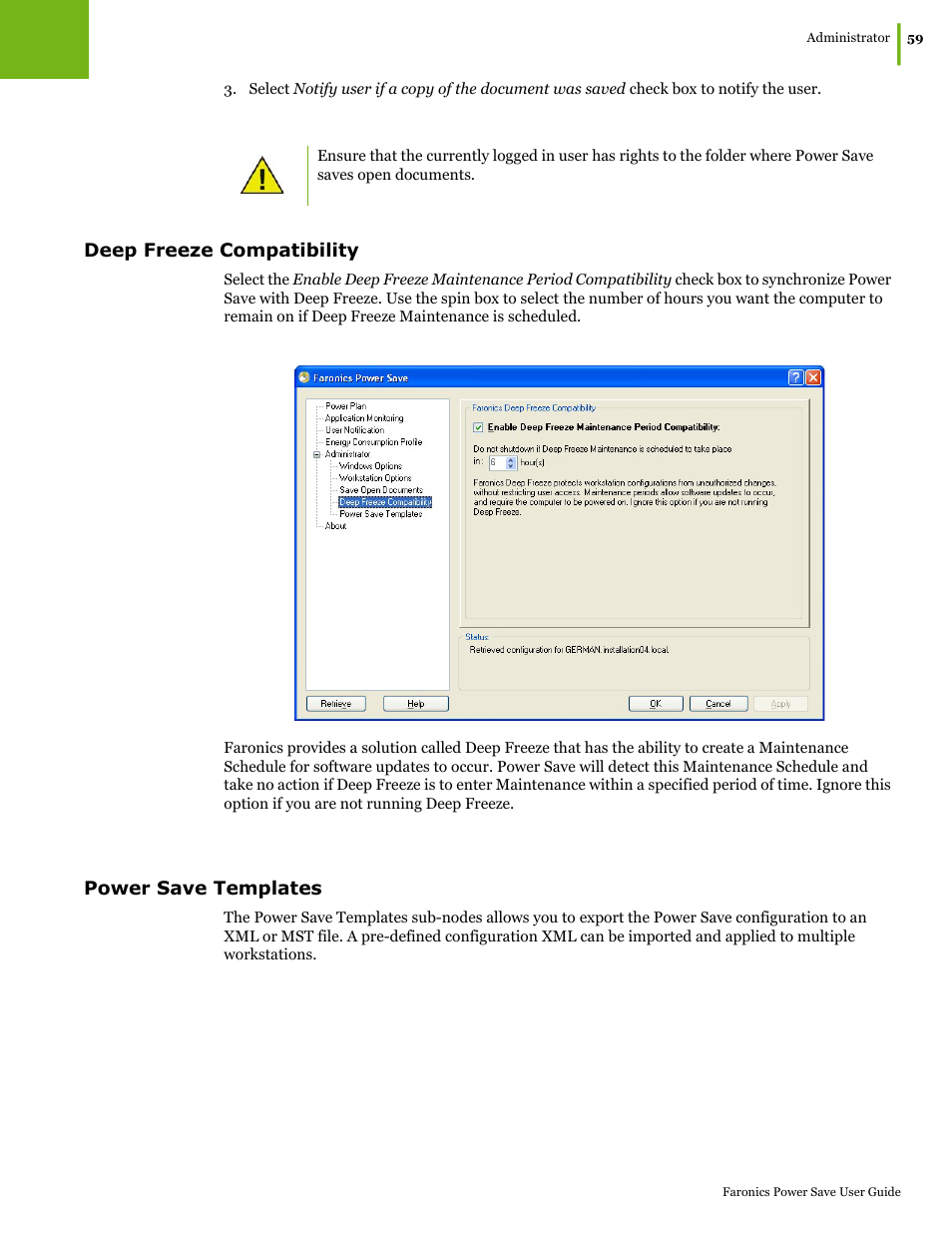 Deep freeze compatibility, Power save templates, Deep freeze compatibility power save templates | Faronics Power Save User Manual | Page 59 / 82
